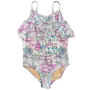 Crewcuts JCrew Girls Beach Harbor Print Ruffle One Piece Swimsuit Size 6/7